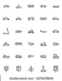 Iconos de línea del vehículo de transporte. colección de símbolos de estilo lineal, paquete de signos de contorno. gráficos vectoriales. El juego incluye íconos como automóvil, autobús escolar, barco, avión, motocicleta, tren, tranvía