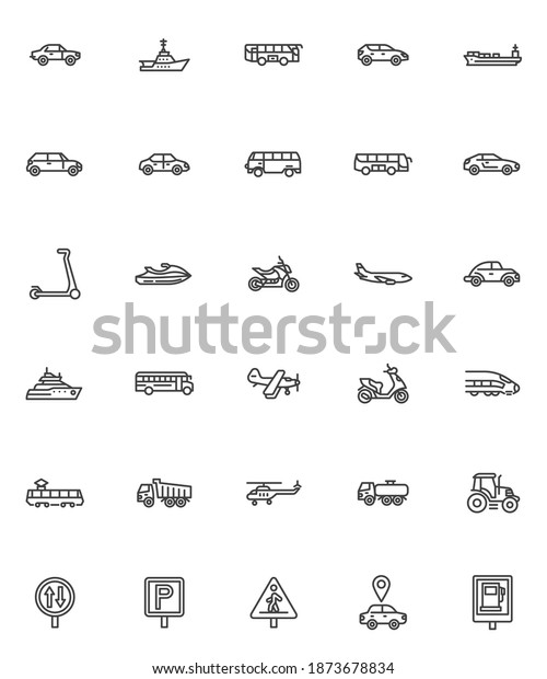 Transportation vehicle line icons set. linear style\
symbols collection, outline signs pack. vector graphics. Set\
includes icons as car automobile, school bus, ship boat, airplane,\
scooter, train,\
tram