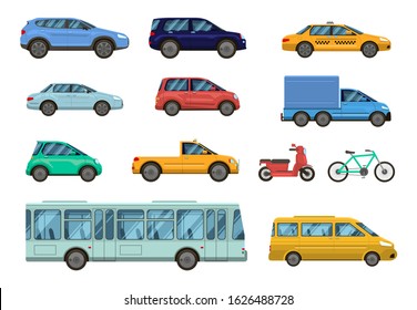 Transportation vehicle. Public cars, taxi, city bus and motorcycle, bike. Road urban public transport, car side view collection vector isolated set