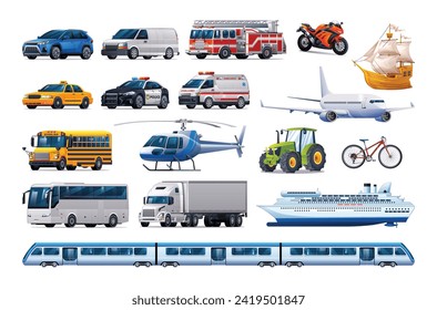 Transportation vehicle set. Various kinds of vehicles. Vector cartoon illustration