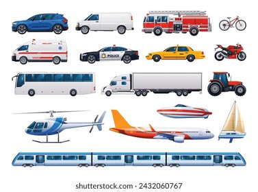 Transportation vehicle set. Various kinds of vehicles. Vector cartoon illustration