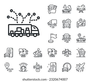 Transportation vehicle sign. Plane, supply chain and place location outline icons. Truck transport line icon. Delivery logistics symbol. Truck delivery line sign. Vector