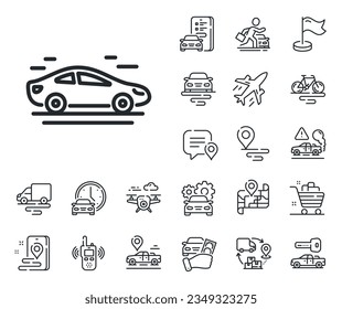 Transportation vehicle sign. Plane, supply chain and place location outline icons. Car transport line icon. Driving symbol. Car line sign. Taxi transport, rent a bike icon. Travel map. Vector