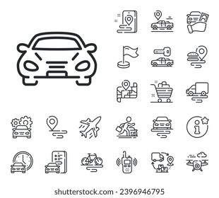 Transportation vehicle sign. Plane, supply chain and place location outline icons. Car transport line icon. Driving symbol. Car line sign. Taxi transport, rent a bike icon. Travel map. Vector