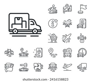 Verkehrsschild des Fahrzeugs. Symbole der Planen-, Lieferketten- und Platzierungsstruktur. Lkw-Transportlinie-Symbol. Liefersymbol. LKW-Verkehrsleitzeichen. Taxi-Transport, mieten Sie ein Fahrradsymbol. Vektorgrafik