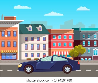 Transportation vehicle, sports car in old town on road. Antique buildings with windows and entrances, apartments and vintage city decoration. Vector in flat cartoon style. Street with appartment