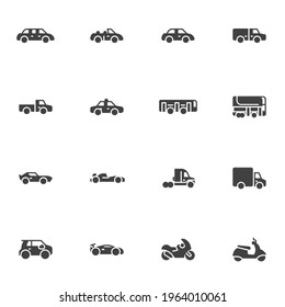 Transportation, vehicle vector icons set, modern solid symbol collection, filled style pictogram pack. Signs, logo illustration. Set includes icons as sedan car, automobile, bus, motorcycle, truck