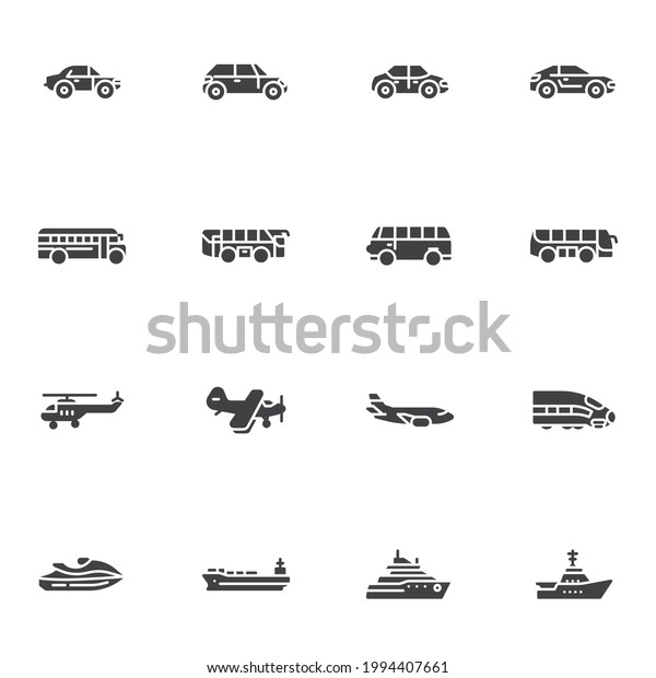 Transportation vehicle vector icons set, modern\
solid symbol collection, filled style pictogram pack. Signs, logo\
illustration. Set includes icons as sedan car, school bus,\
airplane, train, ship\
boat