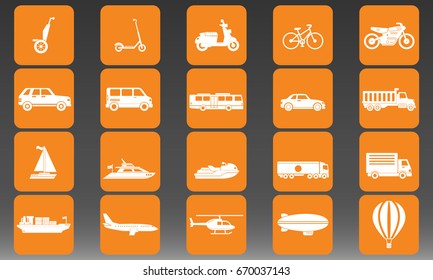 Transportation Vehicles Air Land and Water Vector Icons Set Illustration 