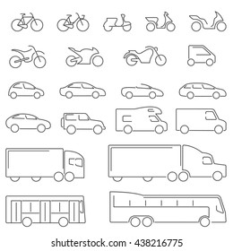 Transportation Vehicles Icons. Complete set of icons flat line on a white background with all means of road transport. 