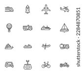 Transportation and Vehicles line icons set, outline vector symbol collection, linear style pictogram pack. Signs logo illustration. Set includes icons as airplane, train, ship, helicopter, truck, bike