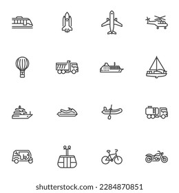 Transportation and Vehicles line icons set, outline vector symbol collection, linear style pictogram pack. Signs logo illustration. Set includes icons as airplane, train, ship, helicopter, truck, bike