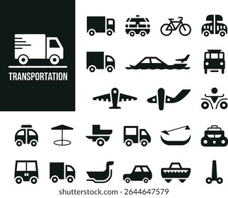 Transportation vehicles and modes of transport icons in black and white