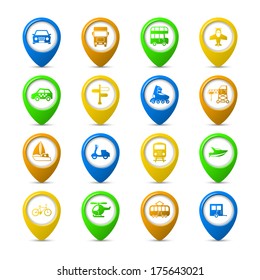 Transportation vehicles navigation pins set of aircraft boat yacht helicopter isolated vector illustration