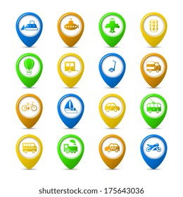 Transportation vehicles navigation pins set of passenger train tram taxi isolated vector illustration