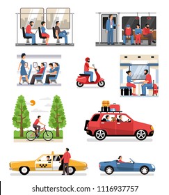 Transportation vehicles with passengers drivers cyclist flat compositions set with people in train bus aircraft car vector illustration 