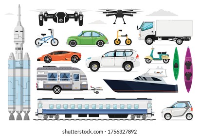 Transportation vehicles set. Different transport collection. Isolated motor automobile, yacht, train, drone, truck, bicycle, spaceship, caravan, sport car, SUV vehicle icons. Air, road transportation