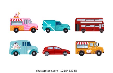 Transportation vehicles set, urban public and freight vehicles vector Illustration on a white background