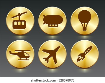 Transportation and Vehicles that fly on Gold Round Buttons