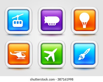 Transportation and Vehicles that fly on Colorful Square Buttons
