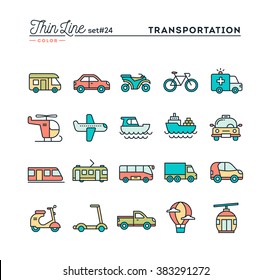 Transportation And Vehicles, Thin Line Color Icons Set, Vector Illustration
