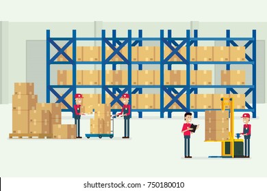 Transportation warehouse and logistic with workers cargo box illustration vector