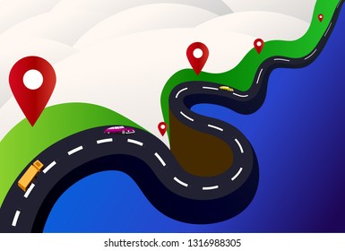 Transportation wavy route vector illustration with road, cars and red geo pins along the way, moving cars over the river or sea