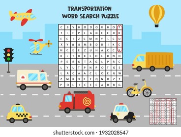 Transportation word search puzzle for kids. Funny brain teaser for children.