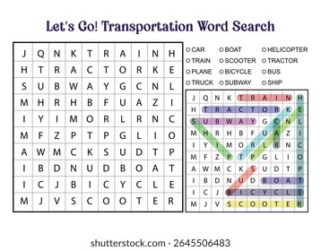 Transportation word search puzzle with solutions highlighted, featuring words like train, tractor, subway, boat, and bicycle.
