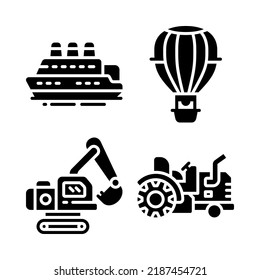Transportations icons set = cruise, hot air balloon, excavator, tractor . Perfect for website mobile app, app icons, presentation, illustration and any other projects