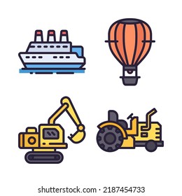 Transportations icons set = cruise, hot air balloon, excavator, tractor . Perfect for website mobile app, app icons, presentation, illustration and any other projects