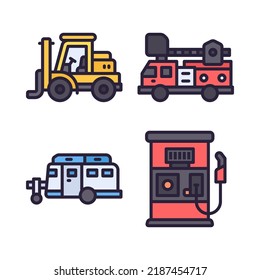 Transportations icons set = forklift, firefighter car, caravan, gas station . Perfect for website mobile app, app icons, presentation, illustration and any other projects