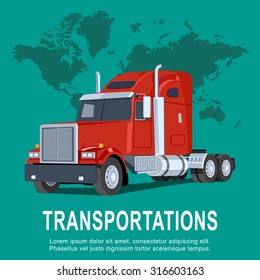 Transportations logistics illustration with truck on green background, with world map.