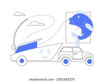 Transporting a boat abstract concept vector illustration. Big car transporting a personal fishing boat, yachting activity, water transport, industrial vehicle, delivery process abstract metaphor.