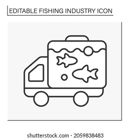  Transporting fish line icon. Transporting fish in freshwater for buying alive. Fishing industry concept. Isolated vector illustration. Editable stroke