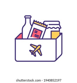 Transporting food by plane RGB color icon. Solid, liquid and gel items. Bringing snacks on airplane. Packing carry-on bag. In-flight meal. Travel with food. Isolated vector illustration