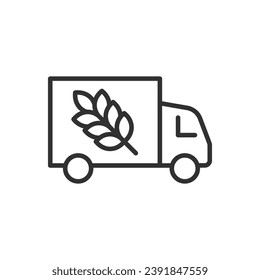 Transporting grain, linear icon. A truck transporting wheat grain. Line with editable stroke