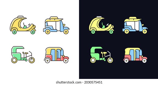 Transport Passagiere Business-Licht und dunkle Thema RGB-Farbsymbole Set. Coco-Taxi. Bangkok Tuk-Tuk. Einzige Vektorgrafiken auf weißem und schwarzem Hintergrund. Einfach gefüllte Zeichnungen
