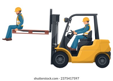 Transporting people on the forklift is prohibited. Dangers of driving a forklift. Forklift driving safety. Work accident in a warehouse. Security First. Industrial Safety and Occupational Health