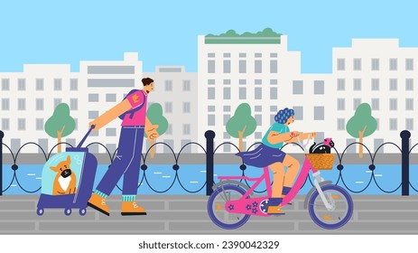 Transporting pet safely in the city concept, flat vector illustration isolated on white background. People walk and move in urban space with their pets in carriage.
