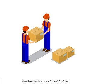 Transporting process abstract production banner with isolated on white background workers that holding carton box, stack of special square storages