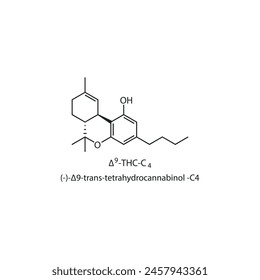 (-)-Δ9 -trans-Tetrahydrocannabinol -C4, Δ9 -THC-C4 Skelettstrukturdiagramm.Cannabinoid Compound Molecule Scientific Illustration on White Background.