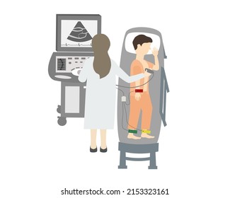 Transthoracic Echocardiogram (TTE). Doctor examining patient heart by using ultrasound probe on the outside of the chest near the heart.