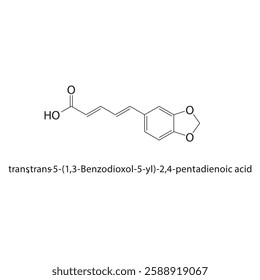 trans,trans-5-(1,3-Benzodioxol-5-yl)-2,4-pentadienoic acid skeletal structure.Carboxylic Acid compound schematic illustration. Simple diagram, chemical formula.