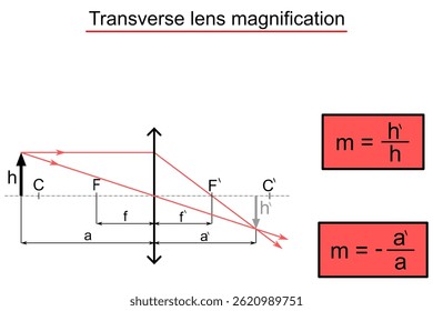 Ampliação da lente transversal - imagem esquemática e equação em caixa vermelha