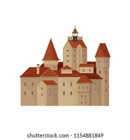 Transylvania s Bran castle or residence of Count Dracula. Famous landmark in Romania. Historic building. Old architecture. Flat vector icon