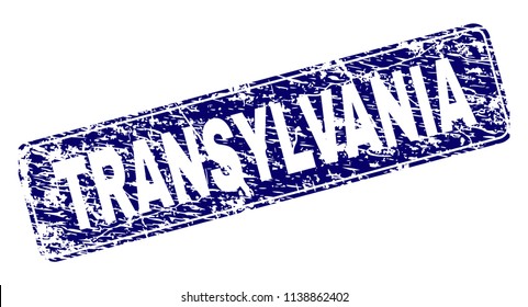 TRANSYLVANIA stamp seal print with distress texture. Seal shape is a rounded rectangle with frame. Blue vector rubber print of TRANSYLVANIA tag with dust texture.