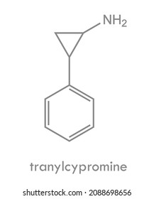 Estructura de la Tranilcipromina. Molécula antidepresiva no selectiva con inhibidores de la MAO. Se utiliza para tratar trastornos del humor y ansiedad. Fórmula química.