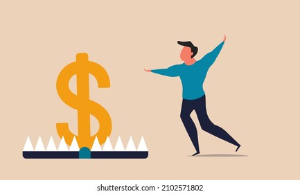 Trap bait money and risk tax dollar. Man run for temptation and incentive treasure vector illustration concept. Business budget investor loan problem finance and lure wealth people fraud