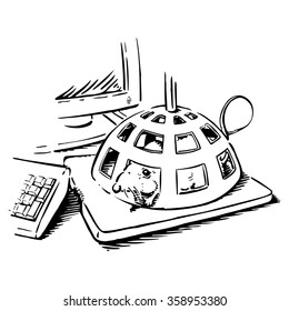Trap captures an actual mouse rodent on a computer mouse pad with the old game mouse trap cage